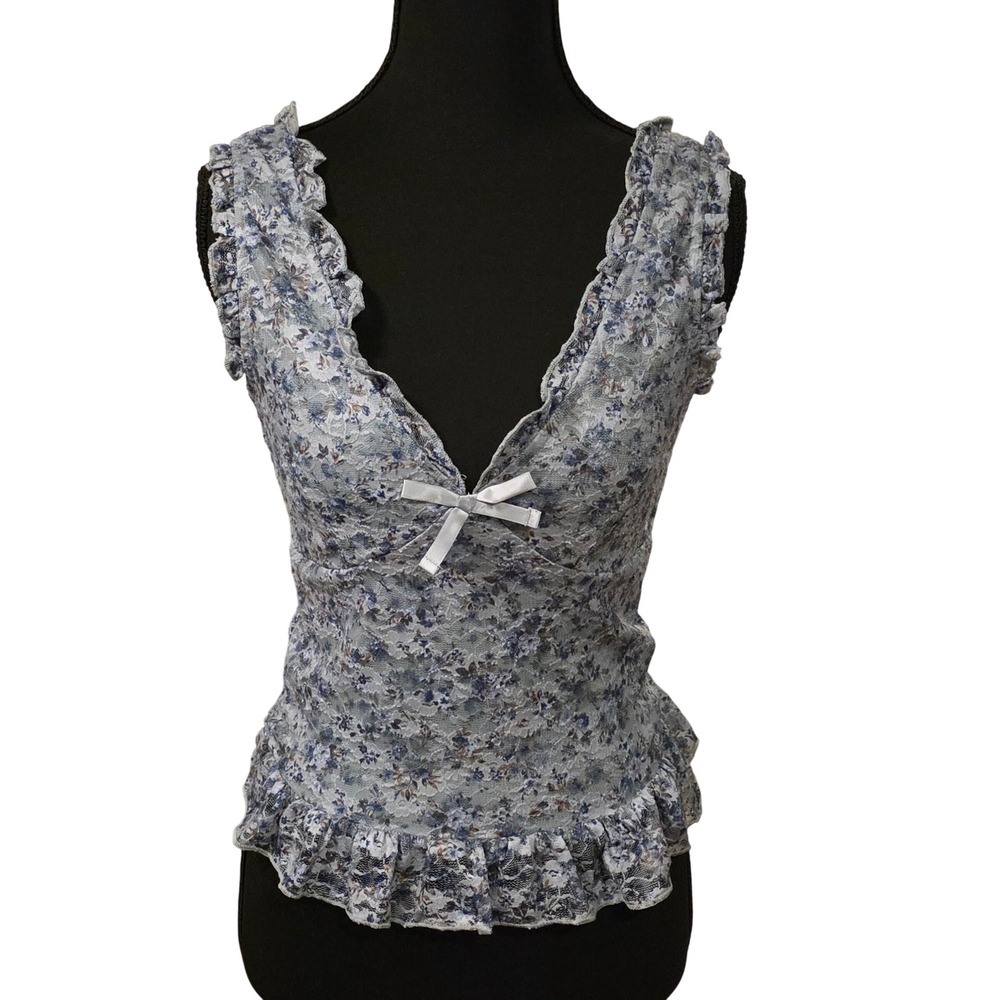 Thirty Thirty Lace Flortal Camisole Top Small Ruffle Plunge Lined Stretch Green